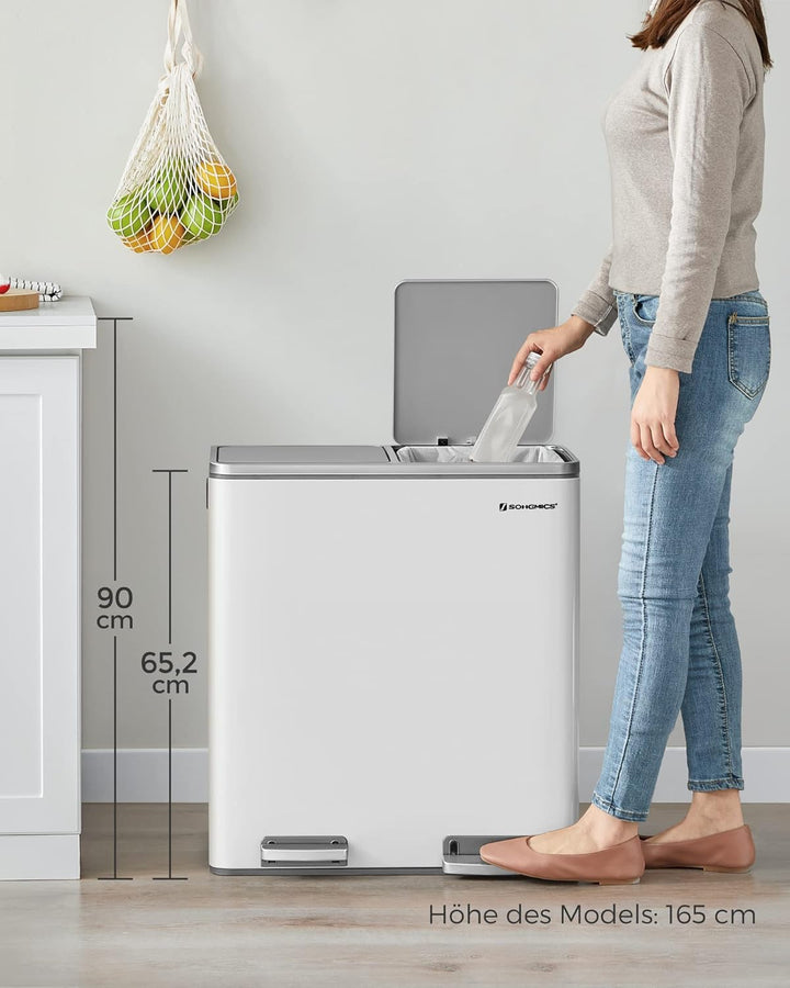 SONGMICS Mülleimer, 2 x 30 Liter, 2 Fächer, Mülltrennsystem, Treteimer, Abfalleimer Küche, 15 Müllsä