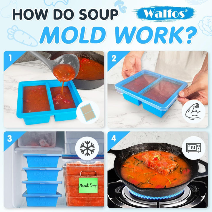 Walfos 1-Tasse Extragrosse Silikon Gefriertablett mit Deckel, 4 Packs Suppe Gefrierschrank Eiswürfel