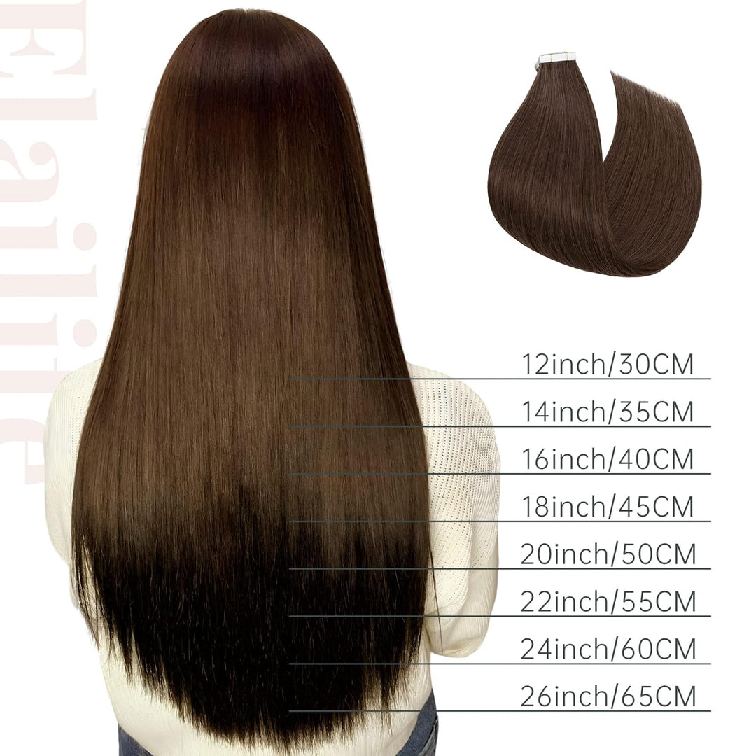 Elailite Echthaar Extensions Tape in 20 Stück #04 Schokobraun, Tape in Extensions Echthaar 30g/set,