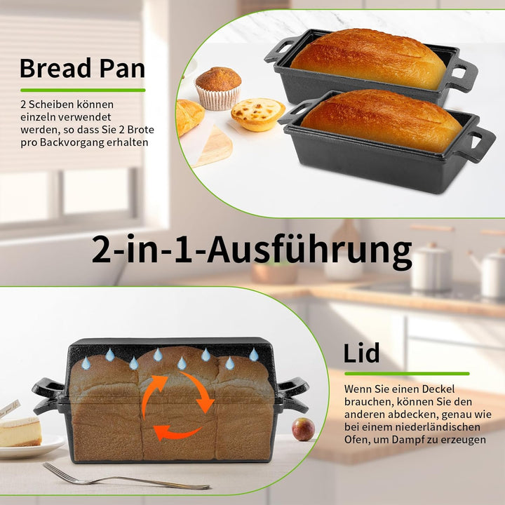2PC Gusseiserne Brotbackform rechteckig mit Deckel 25cm Doppelohr Ideal für Ofen, Herd, Induktion &