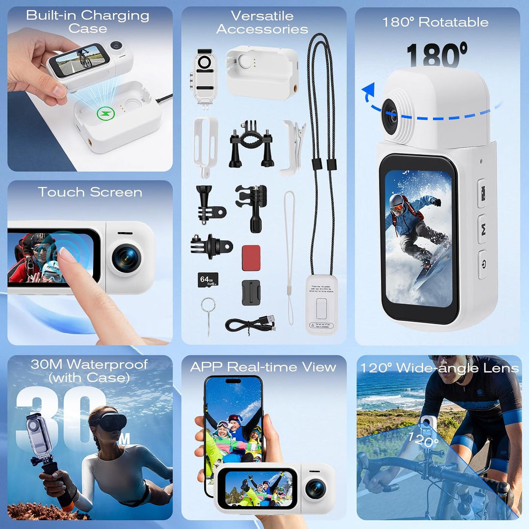 360° Mini Action Kamera mit Touchscreen, Action Body Cam, 30m Wasserdicht, 8h Akku, 120° Weitwinkel,