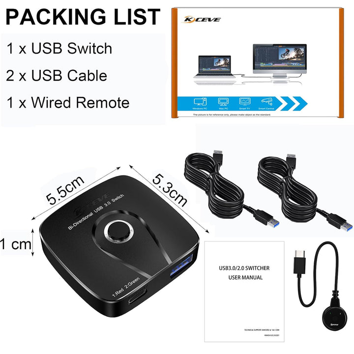 USB 3.0 Switch, USB Switch 2 in 1 out | für 2 PC Teilen Maus, Tastatur, Drucker, U-Disk, mit 2 USB 3