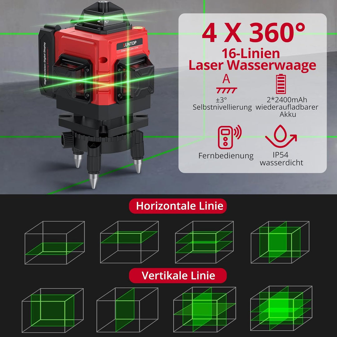 XUNTOP Laser Wasserwaage Selbstnivellierend Kreuzlinienlaser Grün Laser 16 Linienlaser 360° Projekti
