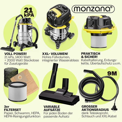 Monzana® Nass Trockensauger 5in1 Industriestaubsauger 30L Edelstahl 2000W Steckdose | Nasssauger mit