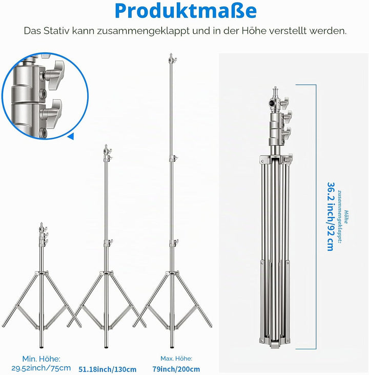 NEEWER 79"/2m Edelstahl Lichtstativ,federgepuffertes Hochleistungs Fotografiestativ mit 1/4" bis 3/8