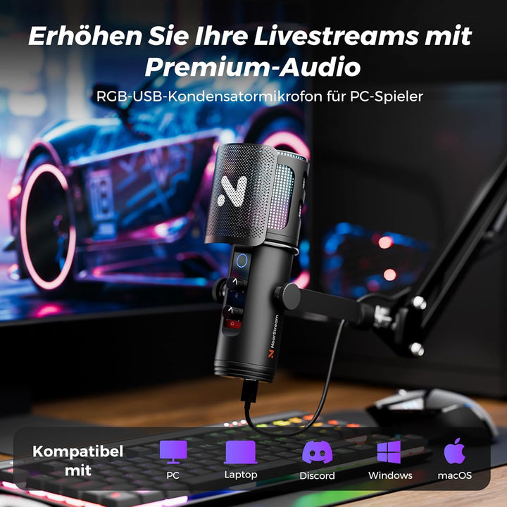 NearStream Gaming Mikrofon für PC, USB Mikrofon mit Rauschunterdrückung/RGB Licht/Stummschaltung/Ver