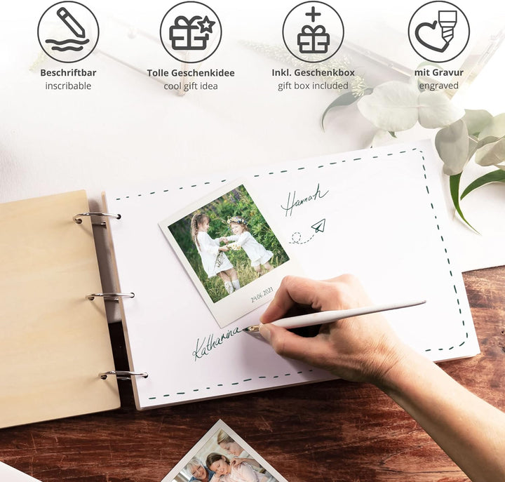 Casa Vivente Fotoalbum zum Selbstgestalten mit Holz-Cover und Gravur für deine Oma, Motiv Blumenherz