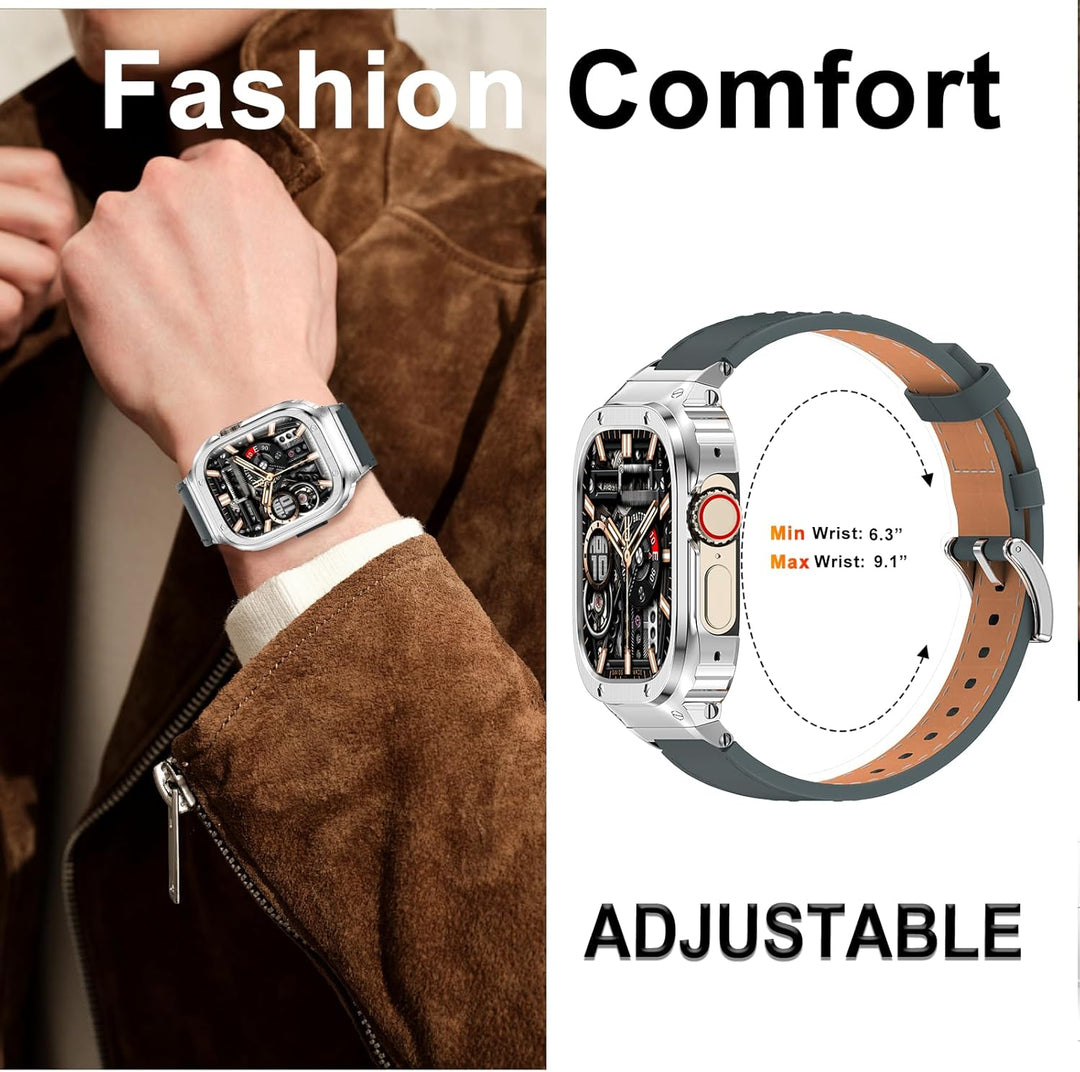 SUPLINK Metallgehäuse mit Lederarmband Kompatibel mit Apple Watch Armbändern 49mm,Robuste Edelstahl