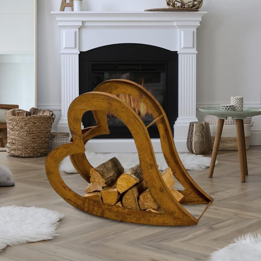 etc-shop Regal Kamin Feuer Brenn Holz Lager Aufbewahrung Ständer Herz Design Rost Optik Innen Aussen