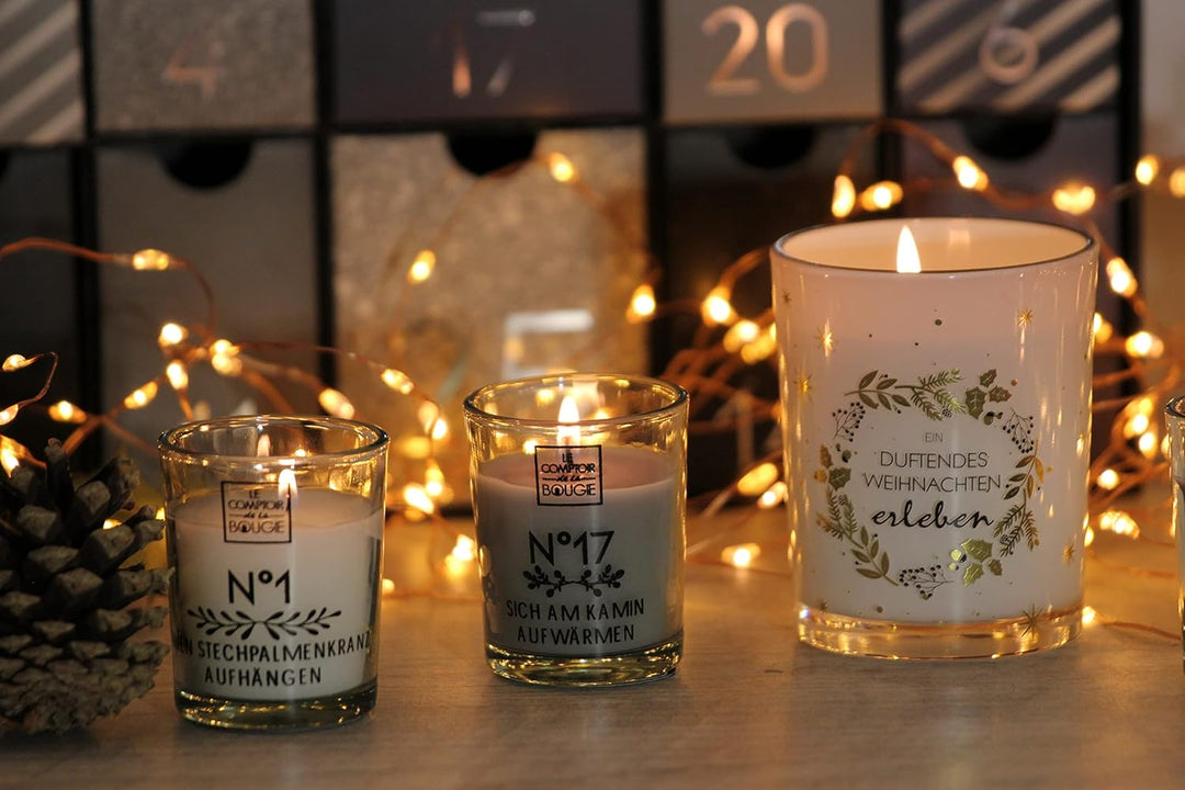 Origineller Adventskalender 2022 mit 25 Duftkerzen im Glas mit Spruch - Adventskalender kerzen - Deu