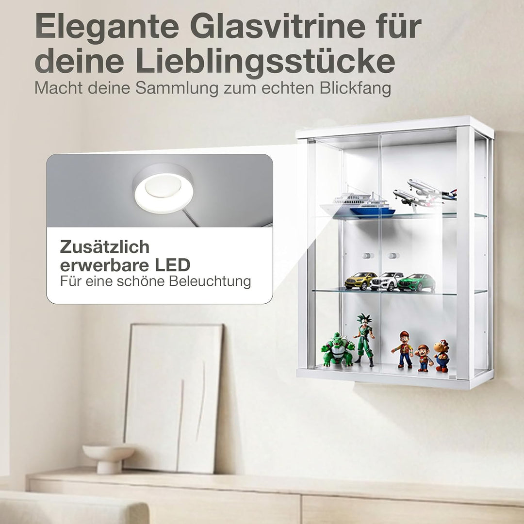 K-Möbel Hängevitrine Glas in Weiss (80x60x25 cm) mit 2 höhenverstellbaren Glasböden - Modellauto - V