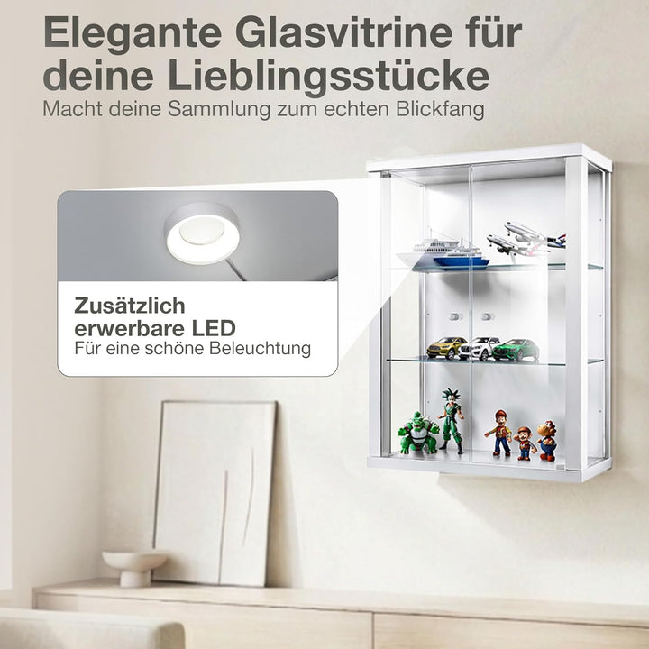 K-Möbel Hängevitrine Glas in Weiss (80x60x25 cm) mit 2 höhenverstellbaren Glasböden - Modellauto - V