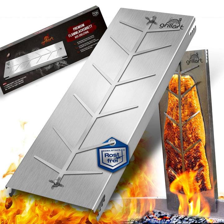 grillart® XXL Premium Flammlachsbrett aus Edelstahl – 180° drehbar &amp; 5-fach verstellbar – Lachsbrett