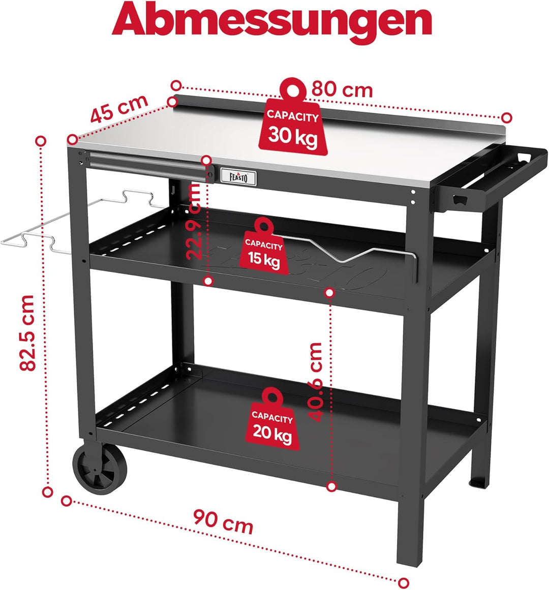 Feasto 3 Etagen Grillwagen mit Edelstahlplatte, Mobile Grilltisch mit Gewürzregal & Magnetleiste, Ou