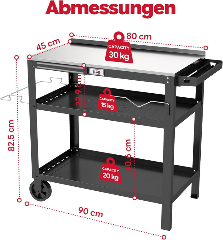 Feasto 3 Etagen Grillwagen mit Edelstahlplatte, Mobile Grilltisch mit Gewürzregal & Magnetleiste, Ou