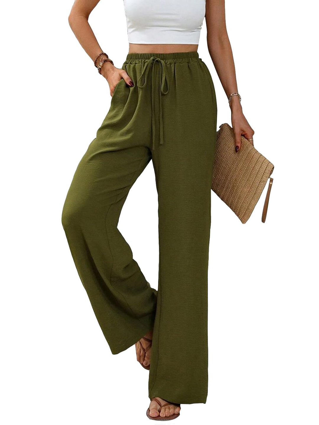 Damen Hosen Lang Sommerhose Leichte Hohe Taille Freizeithose Armeegrün S, Armeegrün S