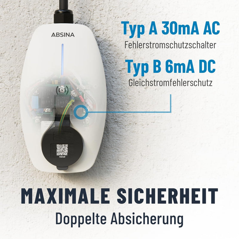 ABSINA Mobile Wallbox 11kW 16A mit App Steuerung - Wallbox mit CEE Stecker, RFID & Einstellbarer Lad