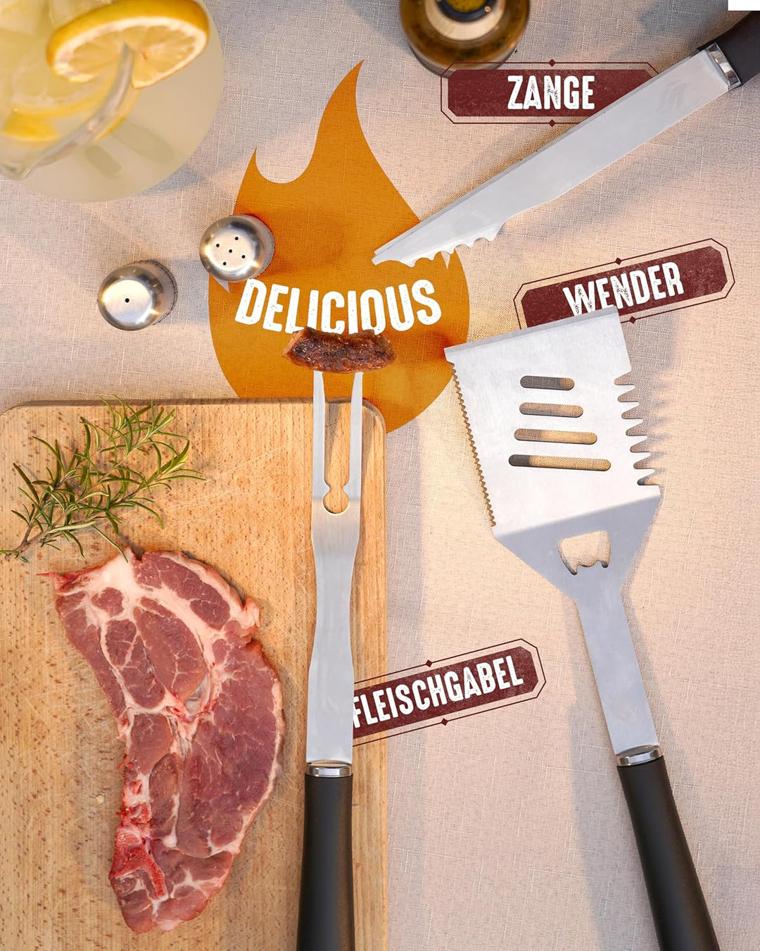 Grill Set mit Grill Zubehör aus Edelstahl, Oxford-Schürze, Hitzeschutzhandschuh und Grillmatte - Ges