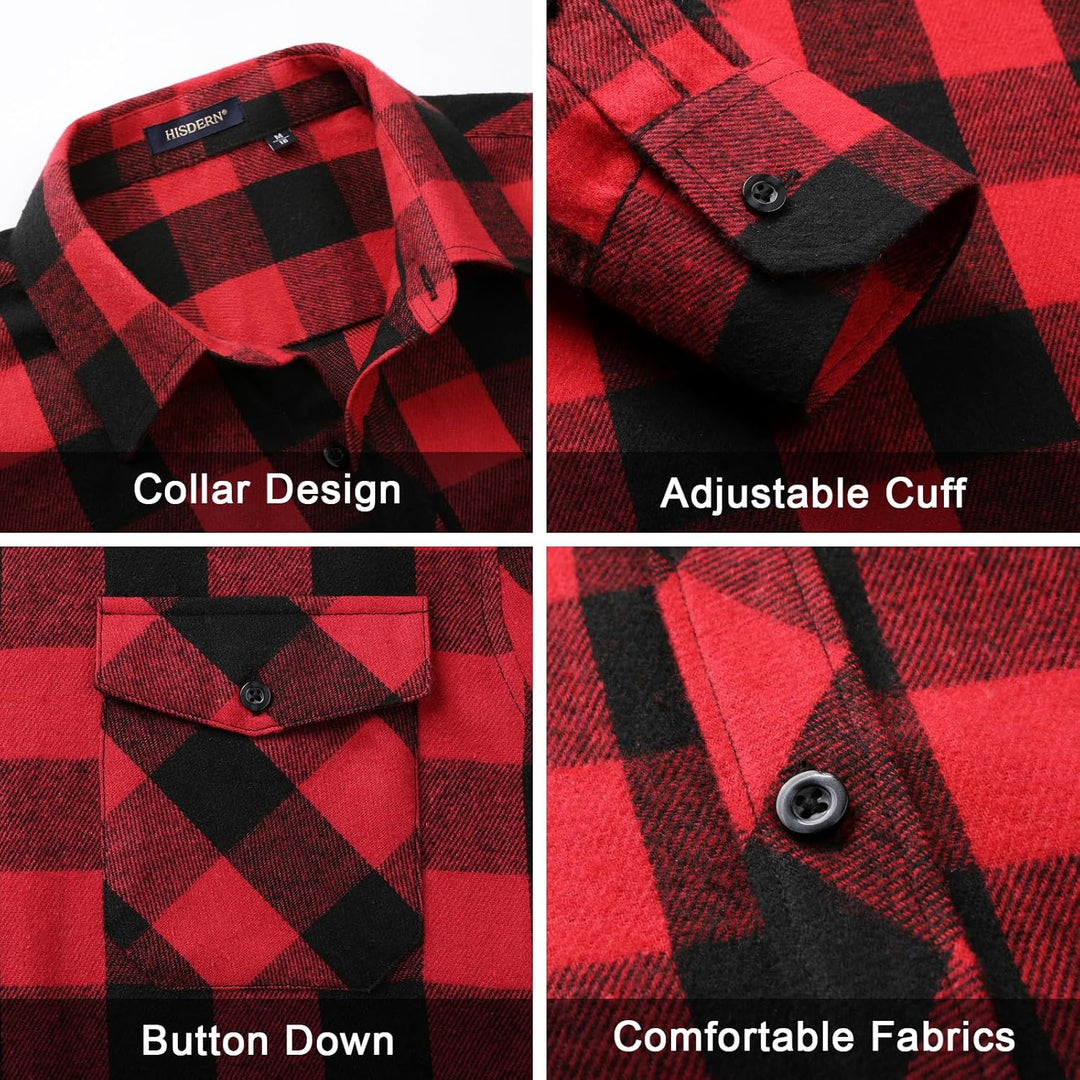 HISDERN Flanellhemd Herren Karierte Hemden Herren Langarm Button Down Baumwolle Holzfällerhemd Regul