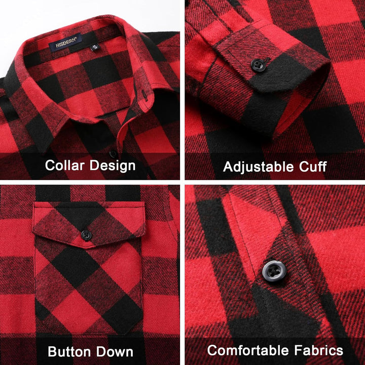 HISDERN Flanellhemd Herren Karierte Hemden Herren Langarm Button Down Baumwolle Holzfällerhemd Regul
