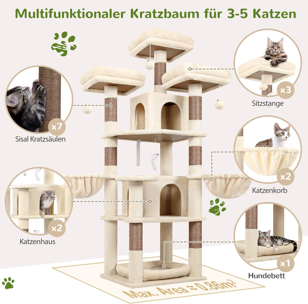 Globlazer Beige Kratzbaum Stabil 174 cm mit 3 Gepolsterte Sitzstangen, 2 Katzenhaus, 2 Korb, Abnehmb