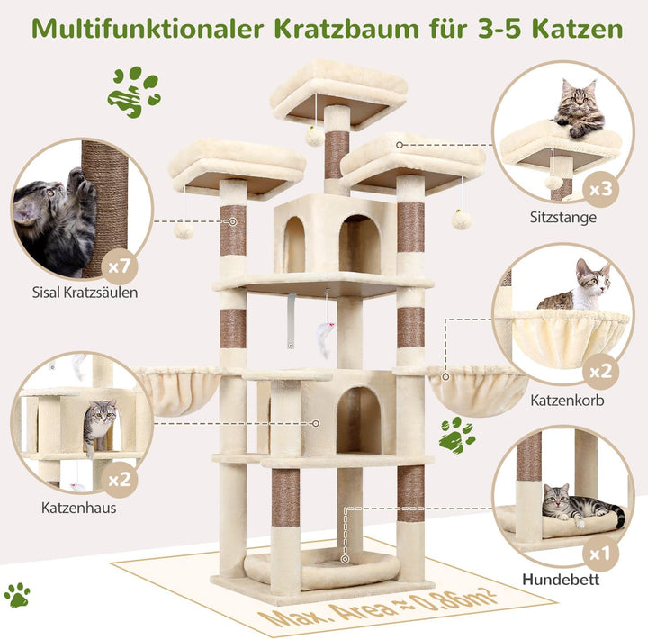 Globlazer Beige Kratzbaum Stabil 174 cm mit 3 Gepolsterte Sitzstangen, 2 Katzenhaus, 2 Korb, Abnehmb