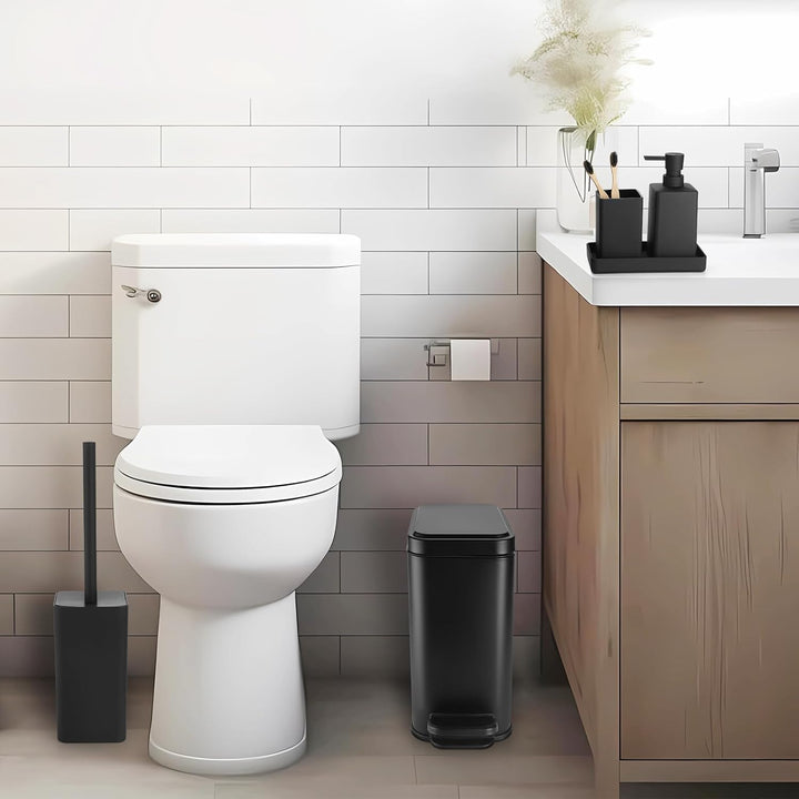 GAHEFY Badezimmer Accessoires Set 5-teilig – Edelstahl Mülleimer 5L mit Soft-Close Deckel, WC Bürste