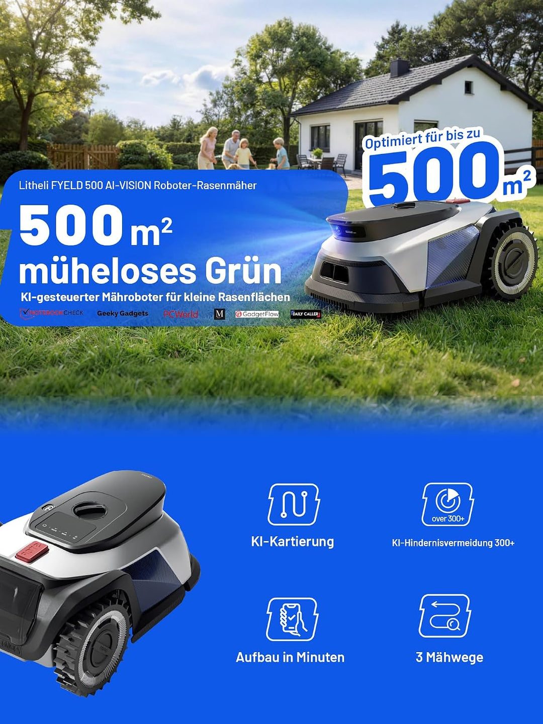 Litheli FYELD 500 Mähroboter ohne Begrenzungskabel, KI-Vision Rasenmäher Roboter 22.0 Zentimeter, 22