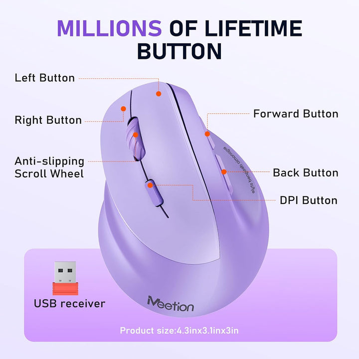 MEETION Linkshänder-Maus, Ergonomisch, Kabellos, Vertikal, RGB für Bluetooth (5.2 + 3.0) und USB-A M