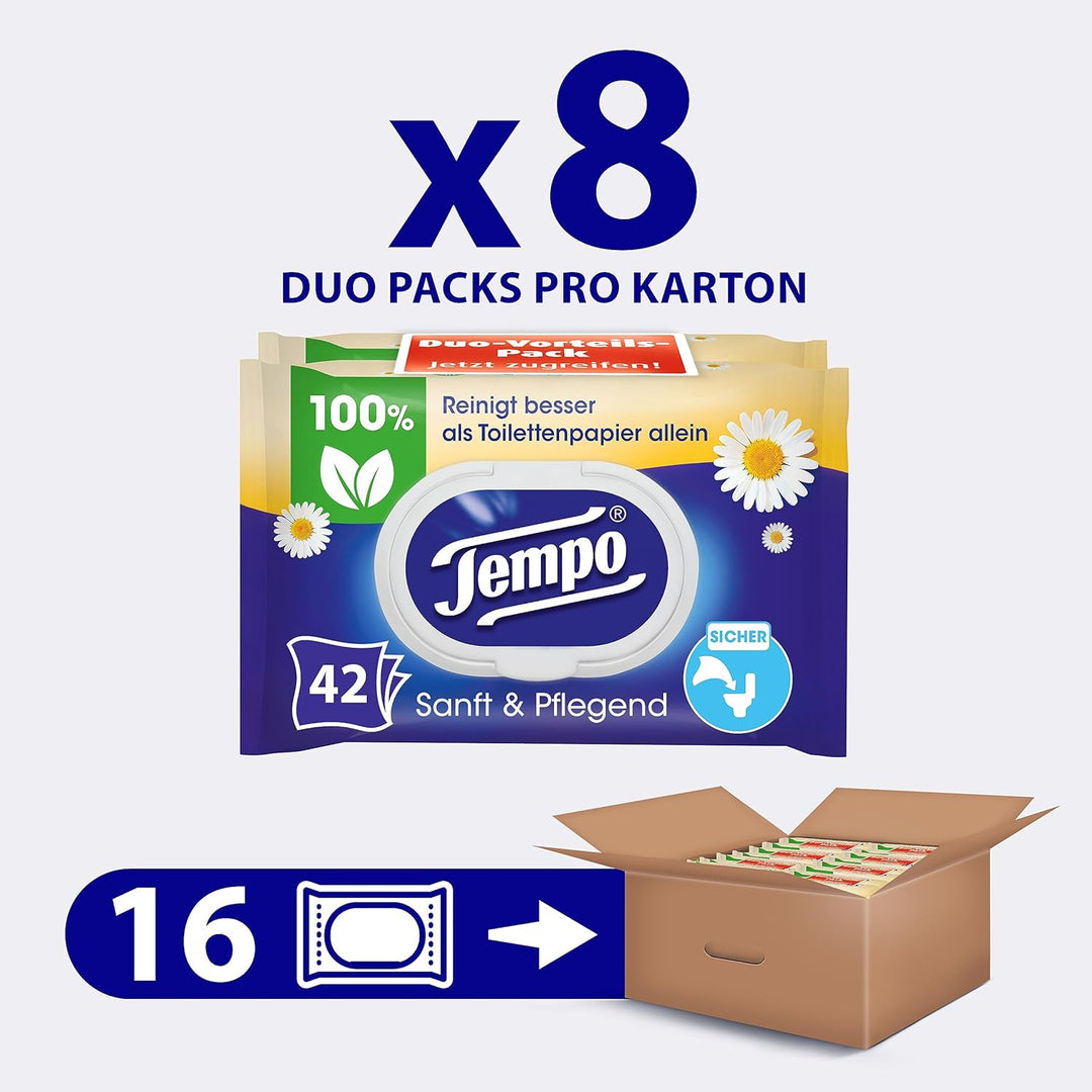 TEMPO Feuchtes Toilettentuch, Sanft&amp;pflegend, 16 Stück, Grosspackung 16 Pack x 42 Tücher Sanft &amp; Sen