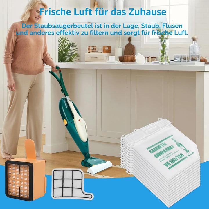12 Staubsaugerbeutel für Vorwerk Kobold VK135 VK136 Mit 2 Motorschutzfilter +1 Hygienefilter, Premiu