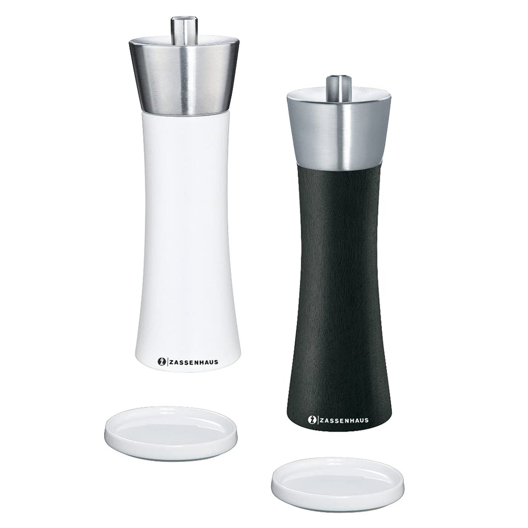 Zassenhaus Zassenhaus Augsburg Pfeffermühle und Salzmühle Set 18 cm schwarz weiss und Untersetzer au