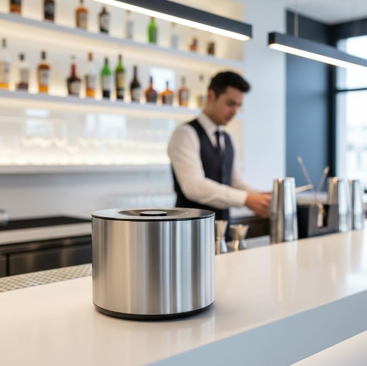 BARCRAFTERS Grosser Eiswürfelbehälter 10 Liter in gebürsteter Aluminiumoptik | Eisbox mit Deckel 3-t