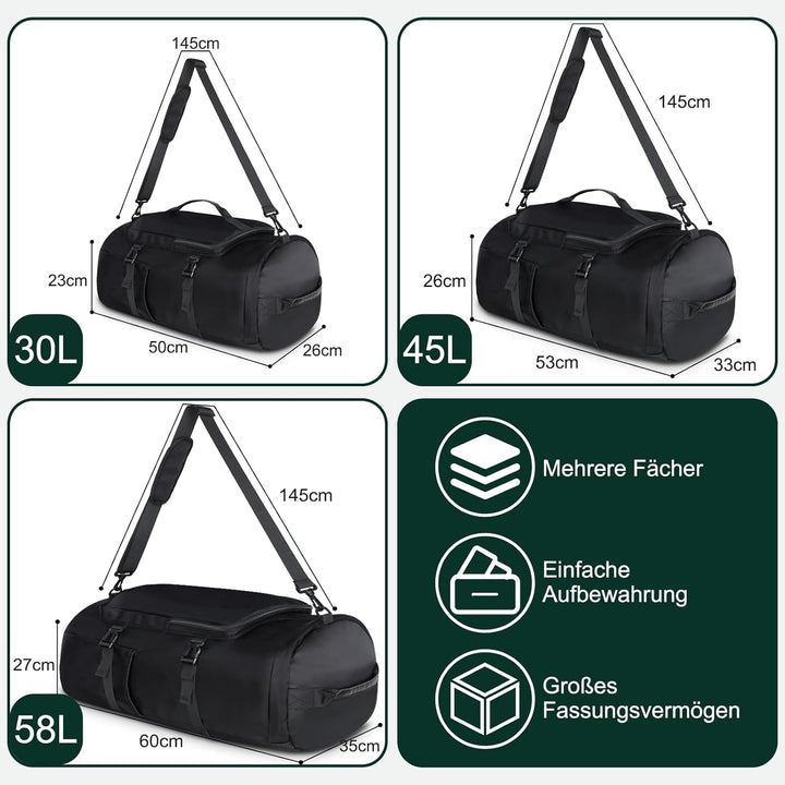 KYYLZ Sporttasche Herren, 58L Damen Sporttasche Rucksack, Gross Reisetasche mit Schuhfach und Nassfa