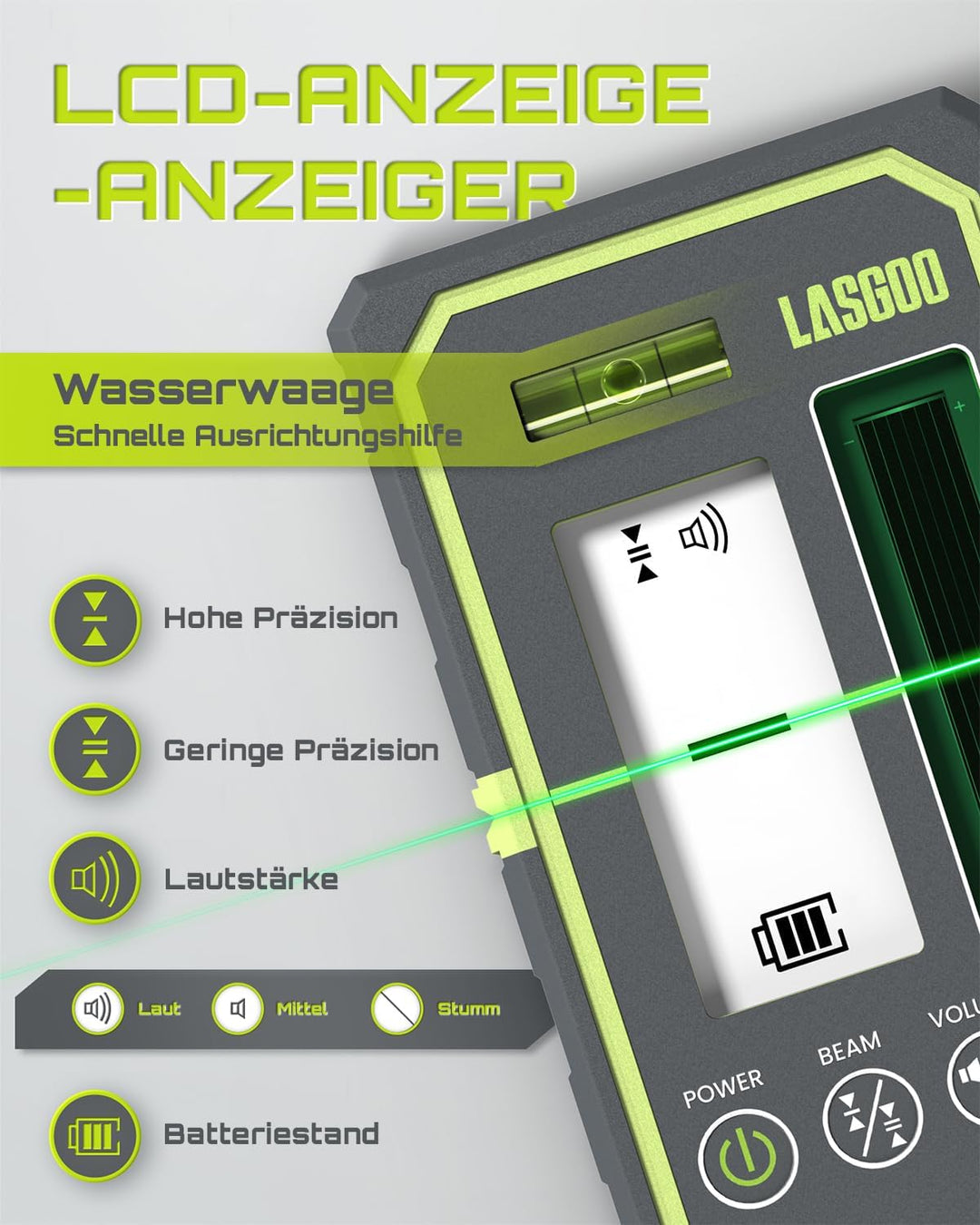 LasGoo LG-REC03 Laserdetektor für Linienlaser, 50 m Reichweite, Dual-LCD mit Hintergrundbeleuchtung,