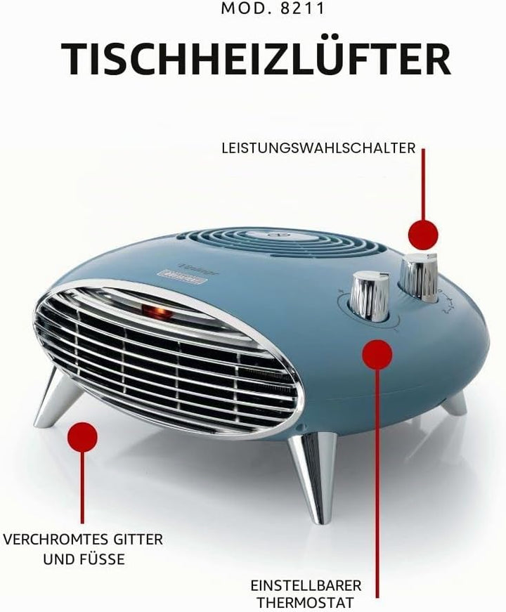 Ariete 8211 Tischheizlüfter, Elektroheizung, 2000 W, Thermostat, leise, Grill und Füsse verchromt, H