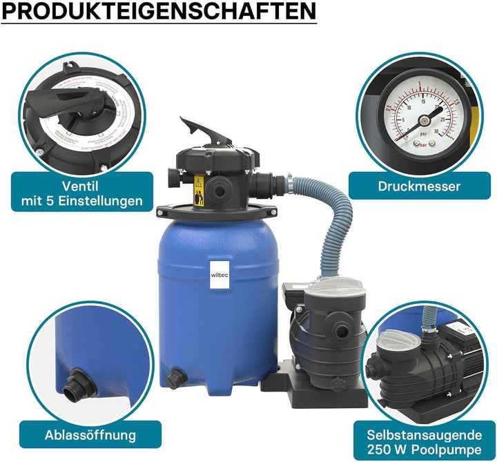 Wiltec Sandfilteranlage 250 W mit 14l Filtertank und selbstansaugender Pumpe 10000 l/h, Sandfilterpu