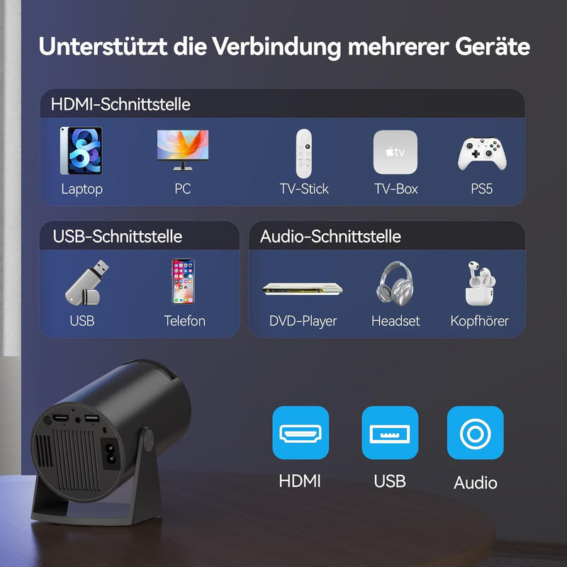 Aubor Mentech Beamer, Mini Beamer mit WLAN und Bluetooth, 180° tragbarer Projektor, 1080P-Unterstütz