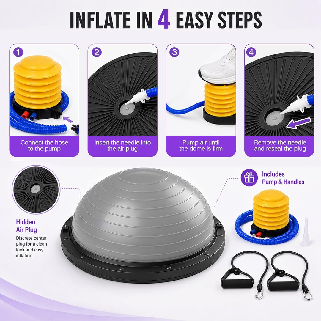 Balance Ball Halbkugel, Yoga Ball Trainer mit Pumpe 2 Fitnessbändern 58cm, 58cm