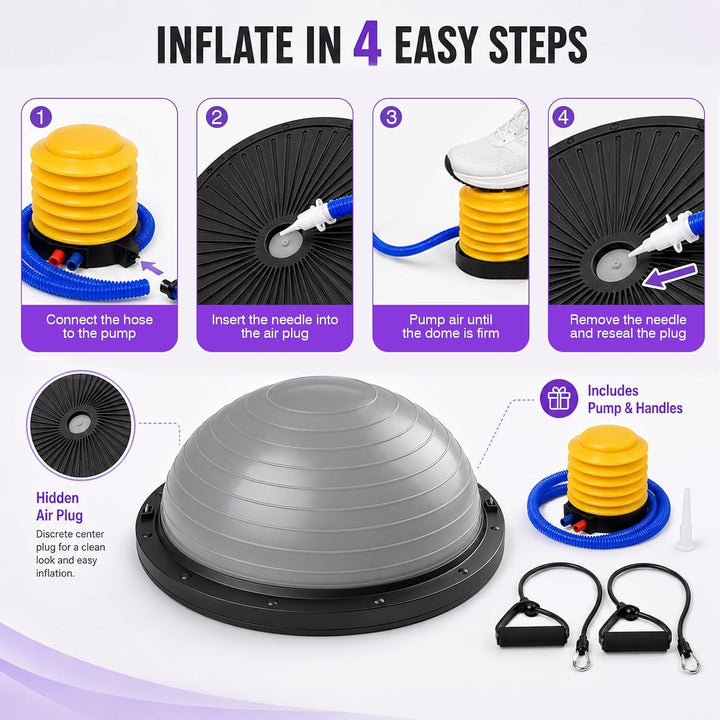 Balance Ball Halbkugel, Yoga Ball Trainer mit Pumpe 2 Fitnessbändern 58cm, 58cm