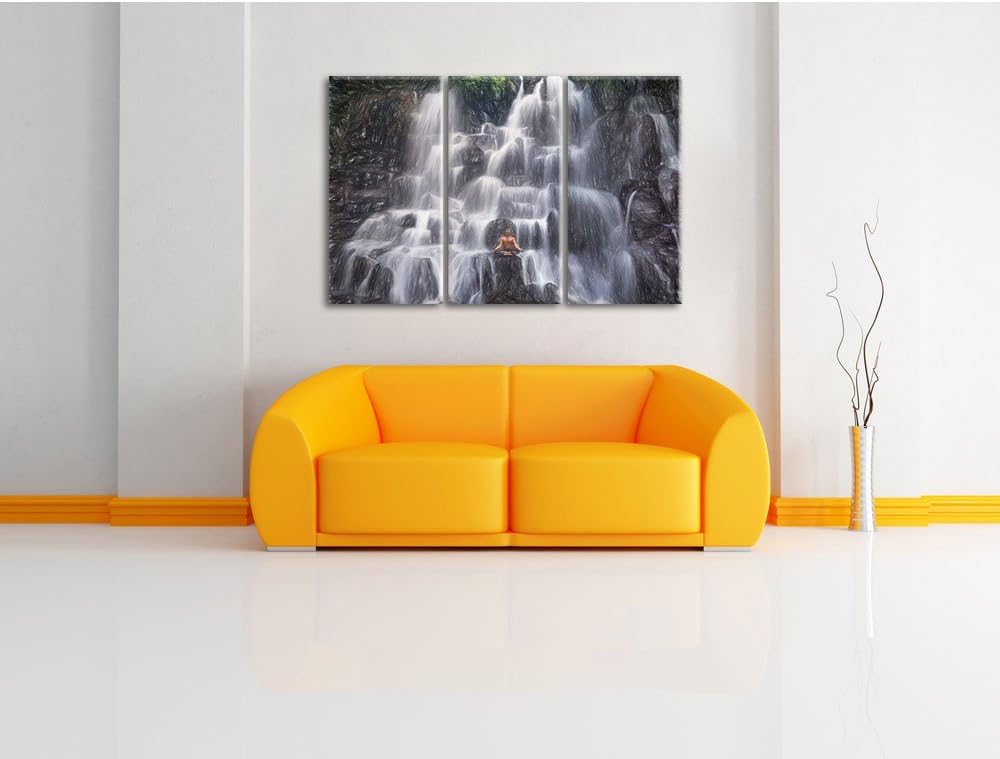Pixxprint Ruhe und Yoga am Wasserfall Kanto Lampo in Bali Kunst Buntstift Effekt 3-Teiler Leinwandbi