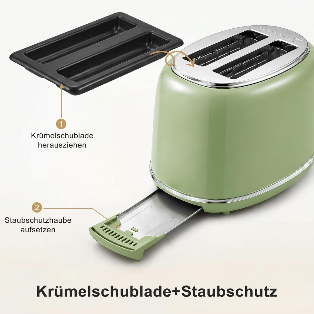 Retro Toaster 2 Scheiben Edelstahl – Brötchenaufsatz, 6 Röststufen, Vorheiz- und Auftaufunktion, Abs