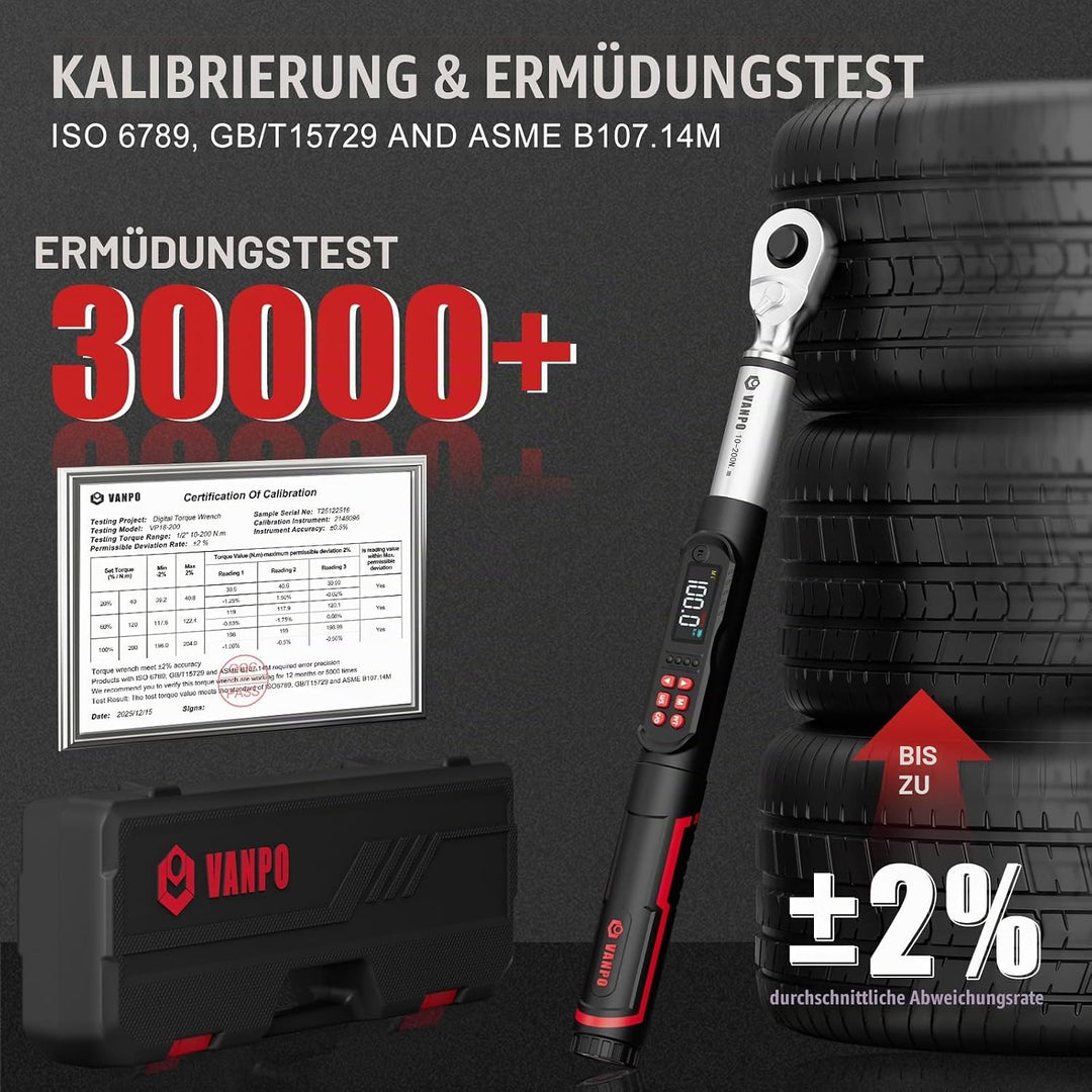 VANPO Digitaler Drehmomentschlüssel 1/2 Zoll Set, 10-200 Nm Drehmomentschlüssel Auto mit LCD-Display