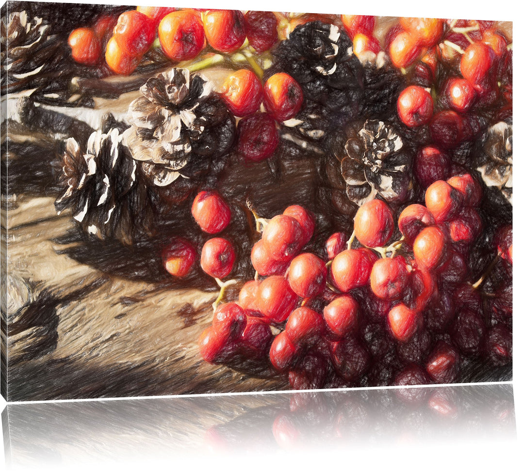 Pixxprint Vogelbeeren und Tannenzapfen als Leinwandbild/Grösse: 100x70 / Wandbild/Kunstdruck/fertig