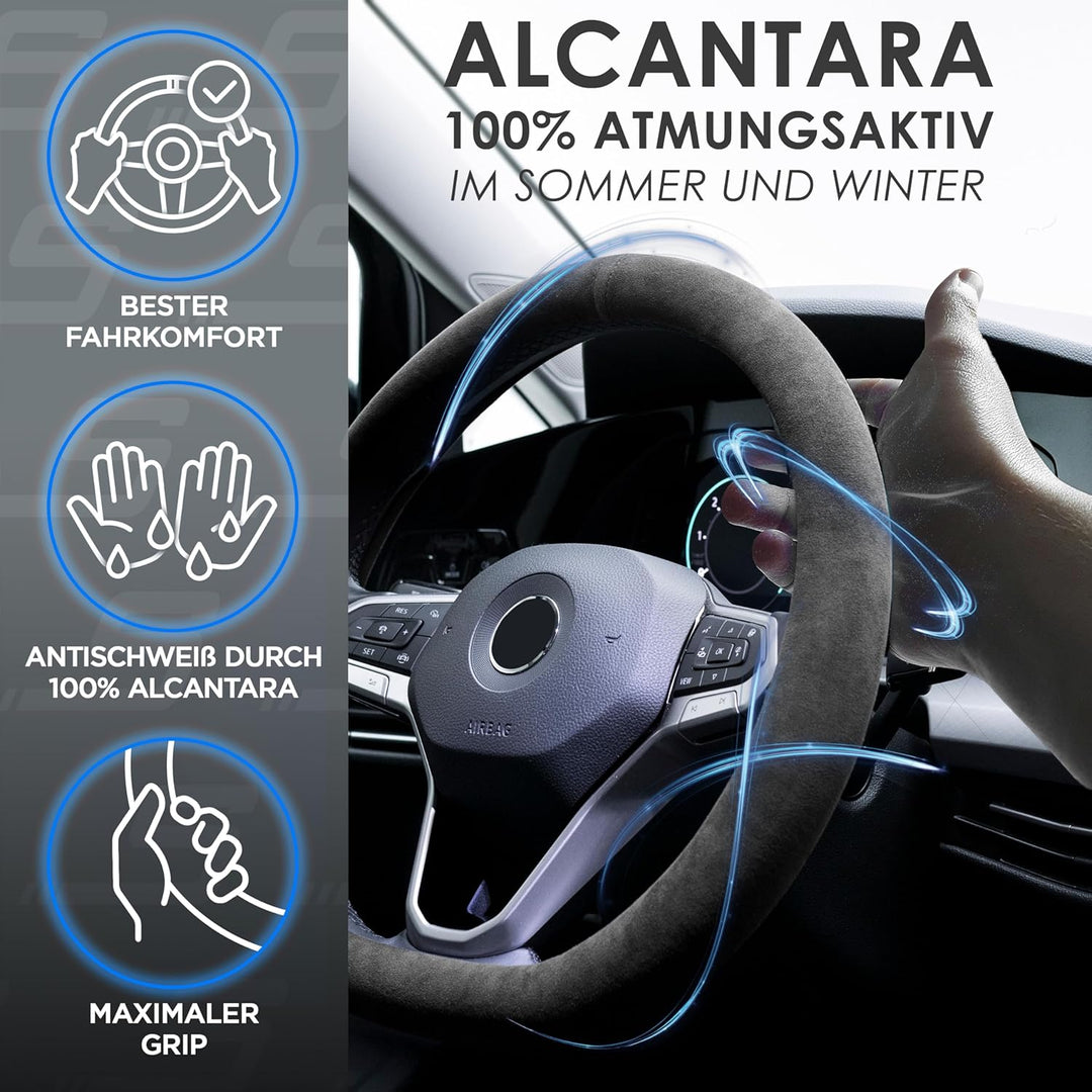 S-TETIC® Premium Lenkradbezug aus Alcantara | D-Form | Schwarze 12-Uhr Markierung | Universalgrösse