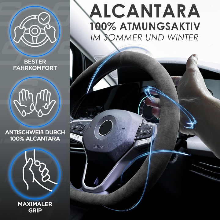 S-TETIC® Premium Lenkradbezug aus Alcantara | D-Form | Schwarze 12-Uhr Markierung | Universalgrösse