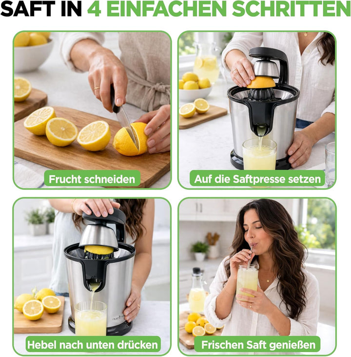 NutriChef Elektrische Zitruspresse, 160 W Orangenpresse aus Edelstahl mit Hebelarm – Leistungsstarke