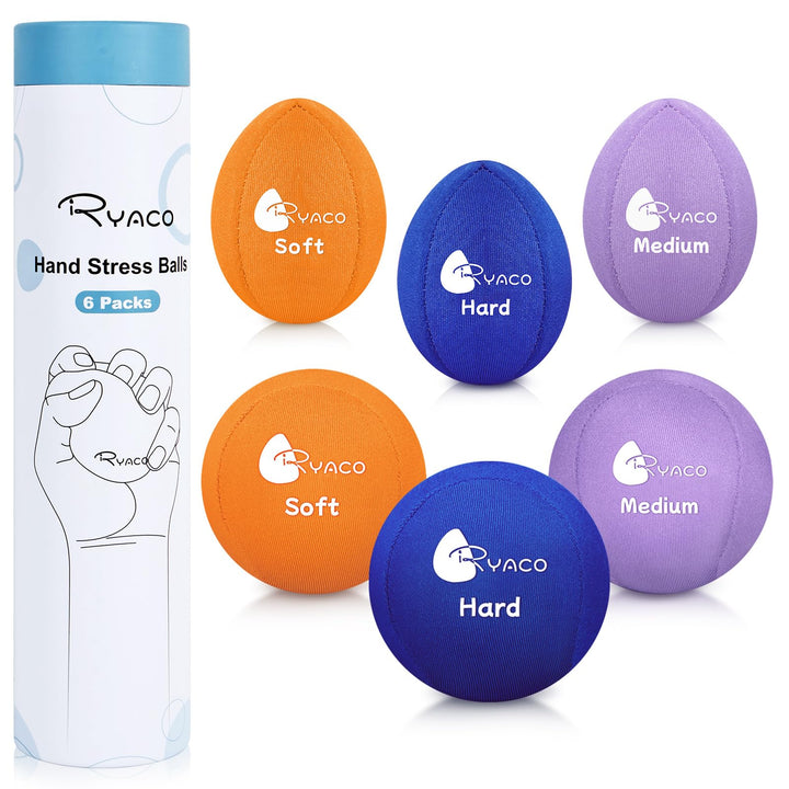RYACO 6 Stück Gel Stressball für Erwachsene - Antistressball Mit verschiedenen Stärken und Grössen -