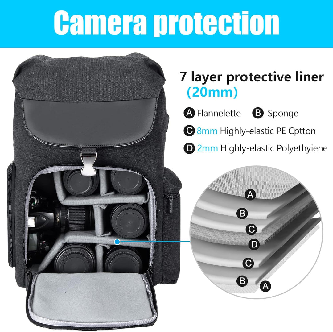 Cwatcun Kamerarucksack Tasche Canvas Professional für SLR DSLR spiegellose Kamera Canon Nikon Sony P