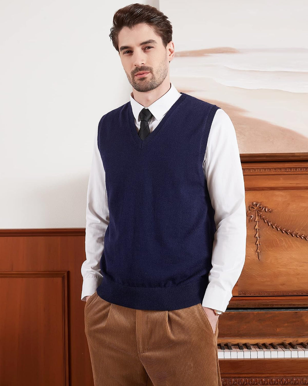 Kallspin Herren Pullunder-Strickweste aus Wollmischung V Hals Ärmellos L Marineblau, L Marineblau